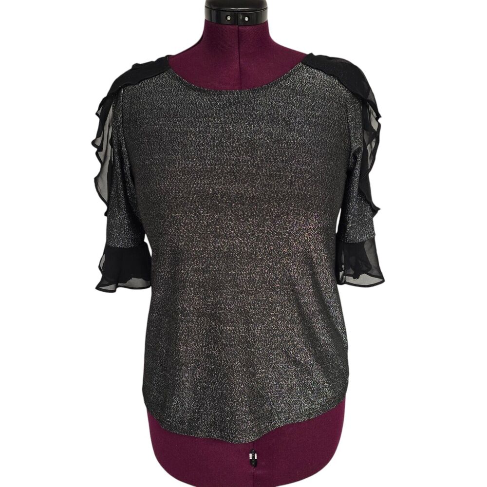 Women's Bold Elements Black Shimmer Blouse 3/4 Ruffle Sleeves | Size Medium